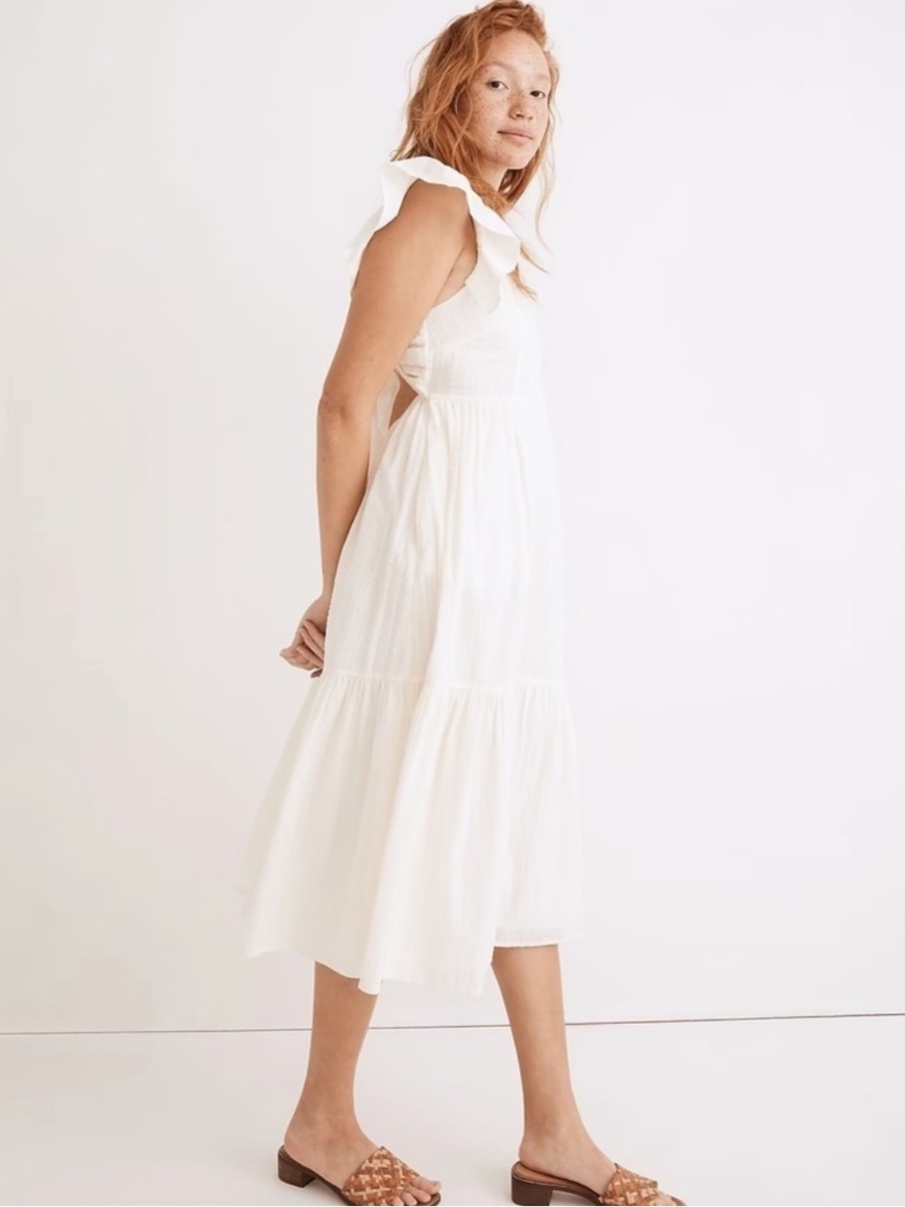 Madewell Ruffle Strap Tiered Midi Dress Textural Stripe Square Neck Ivory Large - Picture 2 of 8